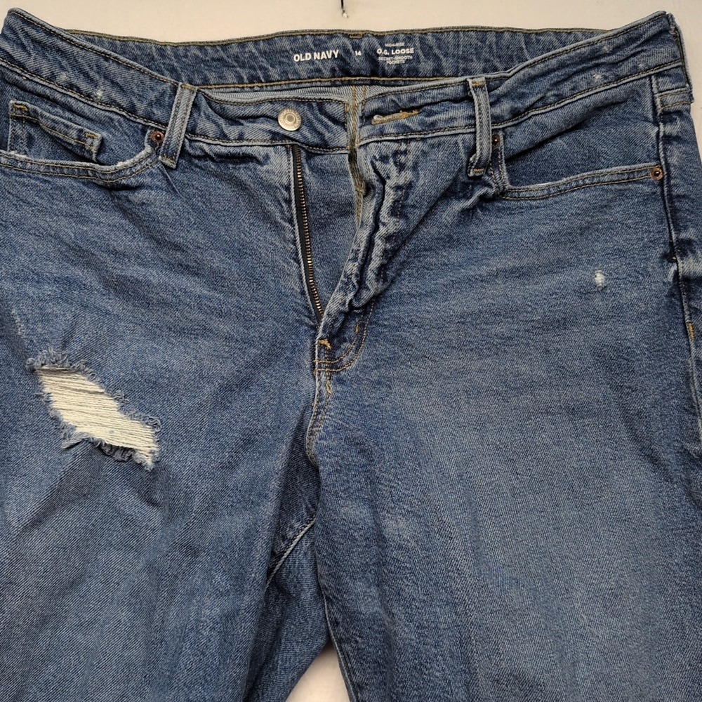 Old Navy High Rise O.G. Loose Jeans Blue Distressed Secret Smooth Pockets 14